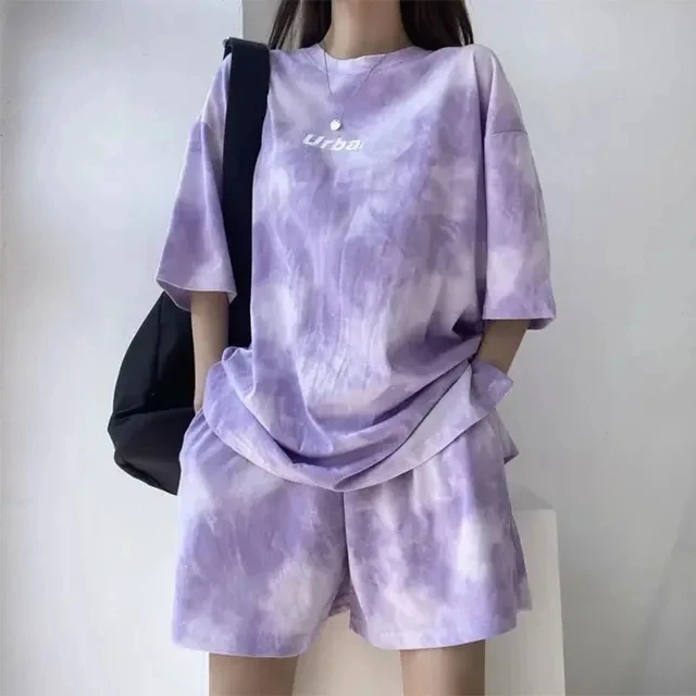 2024 Summer Women Clothing Set Short Sleeve Tshirt+Shorts 2Pcs Camouflage Tie-Dyed Loose Tees Tops Sports Casual Suit New