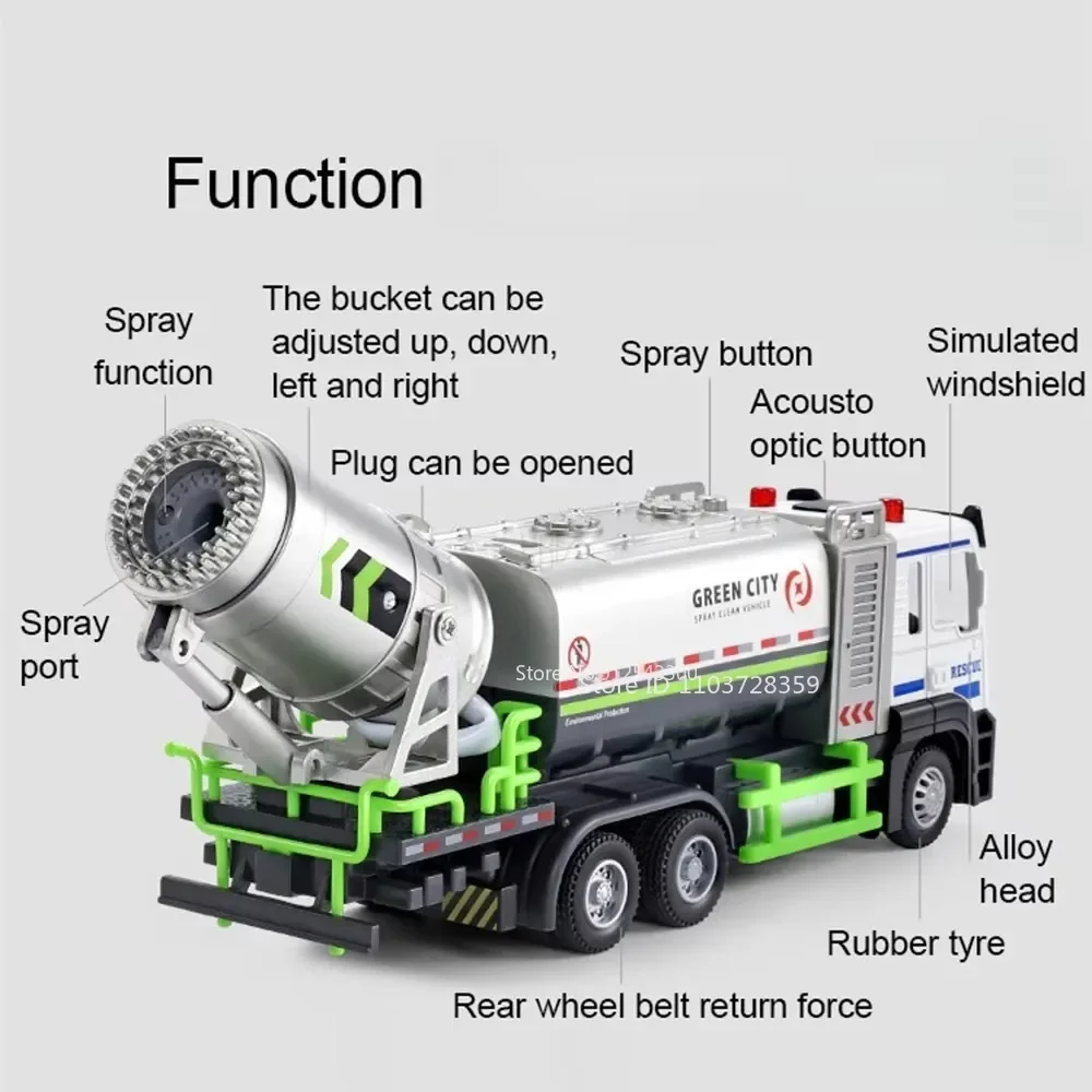 1:32 Modello Giocattolo Rimozione della polvere e Prevenzione della foschia Veicoli spray Pressofuso in lega Camion della spazzatura Suono Luce Tirare indietro per i regali dei ragazzi