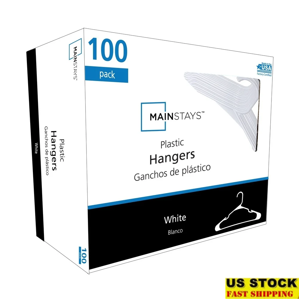 

Plastic Notched Adult Hangers 100 Count Durable Storage Solution Shirts Blouses Jackets Sweaters Easy Care Arctic White
