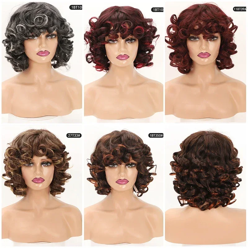 Wig keriting pendek Kinky dengan poni, Wig rambut bergelombang longgar Afro untuk wanita Ombre sintetis coklat tua besar keriting lembut