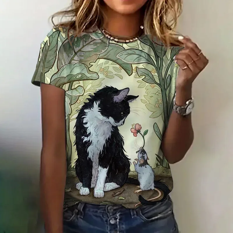 

Women's Clothing T-shirt Summer Crew Neck Fashion Short Sleeve Cat Print Cute Top Loose Casual Clothing Elegant Women's Y2K