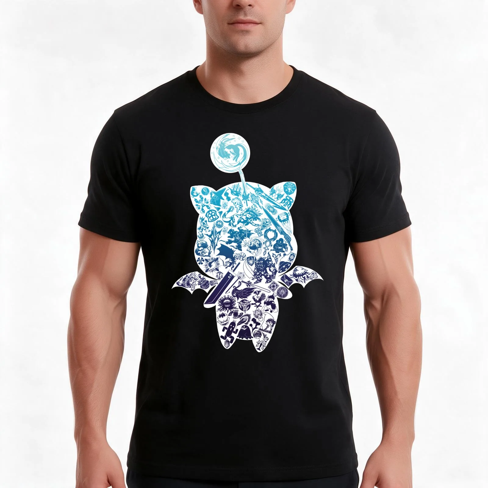 Moogle-verse (blue) T-Shirt, Summer Casual Cotton Tee, Oversized Streetwear Tops, Vintage Graphic Print, Loose Fit Short Sleeve