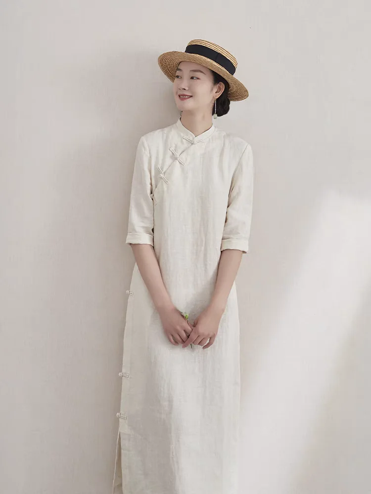 Ele Cotton Linen Embroidered f Open Ladies Dr Tee Quarter Sve Low Slit Daily Wear Soft Color Blo Long Dr