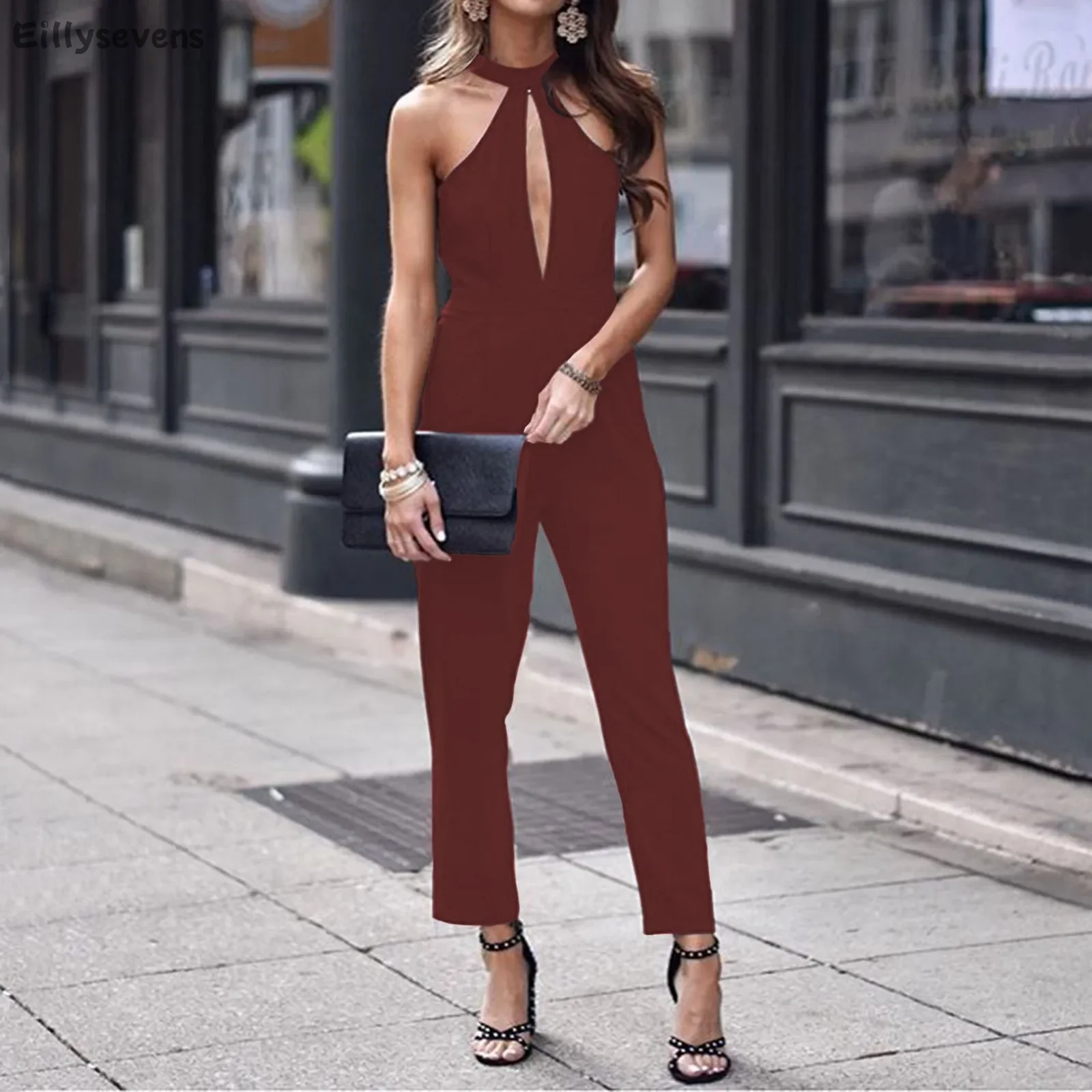 Ladies Fashion Sexy Jumpsuits Solid Color Sleeveless Hanging Neck Jumpsuit new Cropped One-piece Pants Hollow ropa para mujer