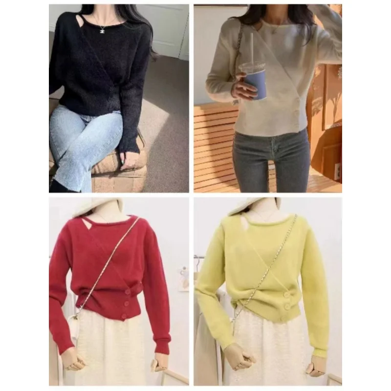 2024 Spring New Fashion Socialite Waist-Tight Gentle Elegant Top Chinese Style Oblique Buckle Hollow Design Knitted