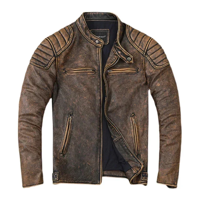 Vintage Yellow Genuine Leather Jacket Men Slim 100% Cowhide Motorcycle Style Biker Coat Mens Skin