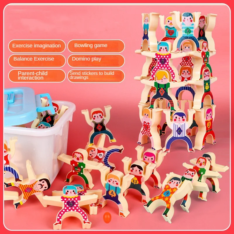 Children Stacking Balance Building Blocks Game Include 16 Cartoon DIY Stickers Characters Educational Toys for Kids Gift Age 3+