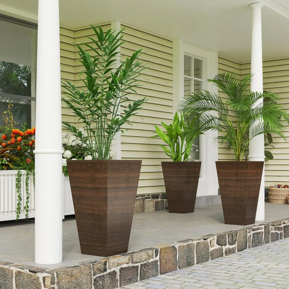 

Outsunny Tall Planter for Outdoor Plants Set of 3, 28 Inch Taper Planter with Drainage Holes, Wood Grain Decor Garden Pot for In