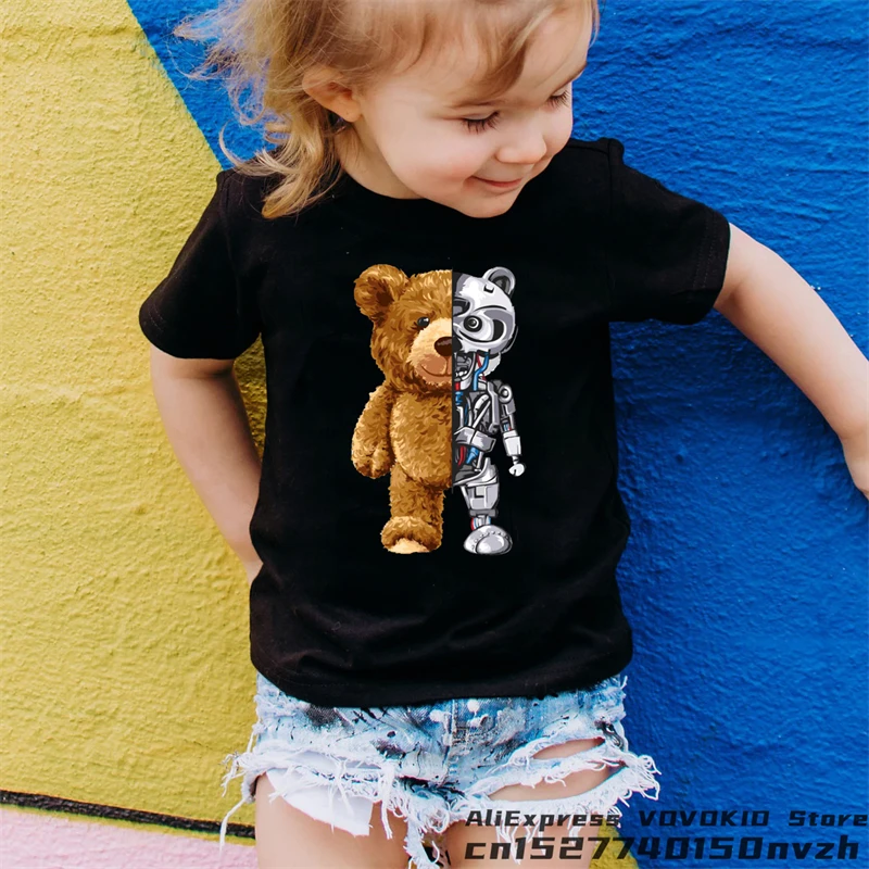 Funny Bear Boy Girl Black Cute Cartoon T-shirt Kid Summer Animal Anime Tops Tee Children Baby Family Group Clothes