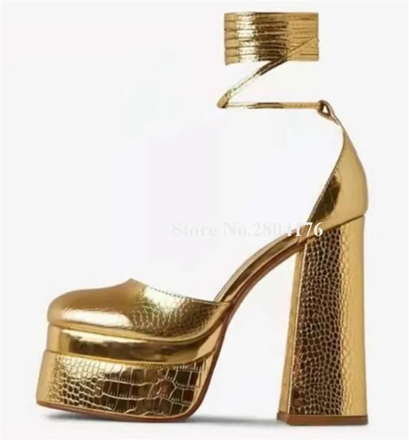 

Gold Silver Platform Chunky Heel Pumps 2022 Newest Women Round Toe Thick Heel Shoes Ankle Straps Super High Heels