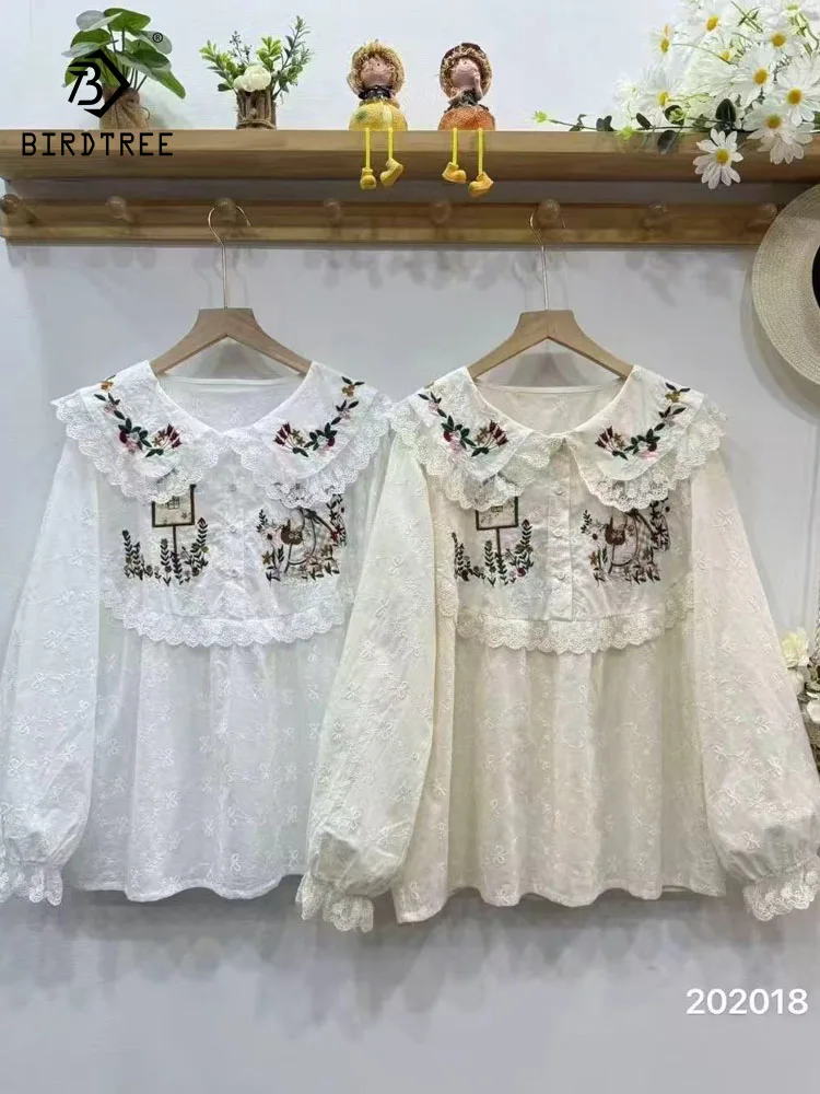 

New 2025 Autumn Cotton Long Sleeve Shirt, Women Peter Pan Collar Embroidery, Mori Girl Sweet Age Reduction Loose Blouse T59278CC