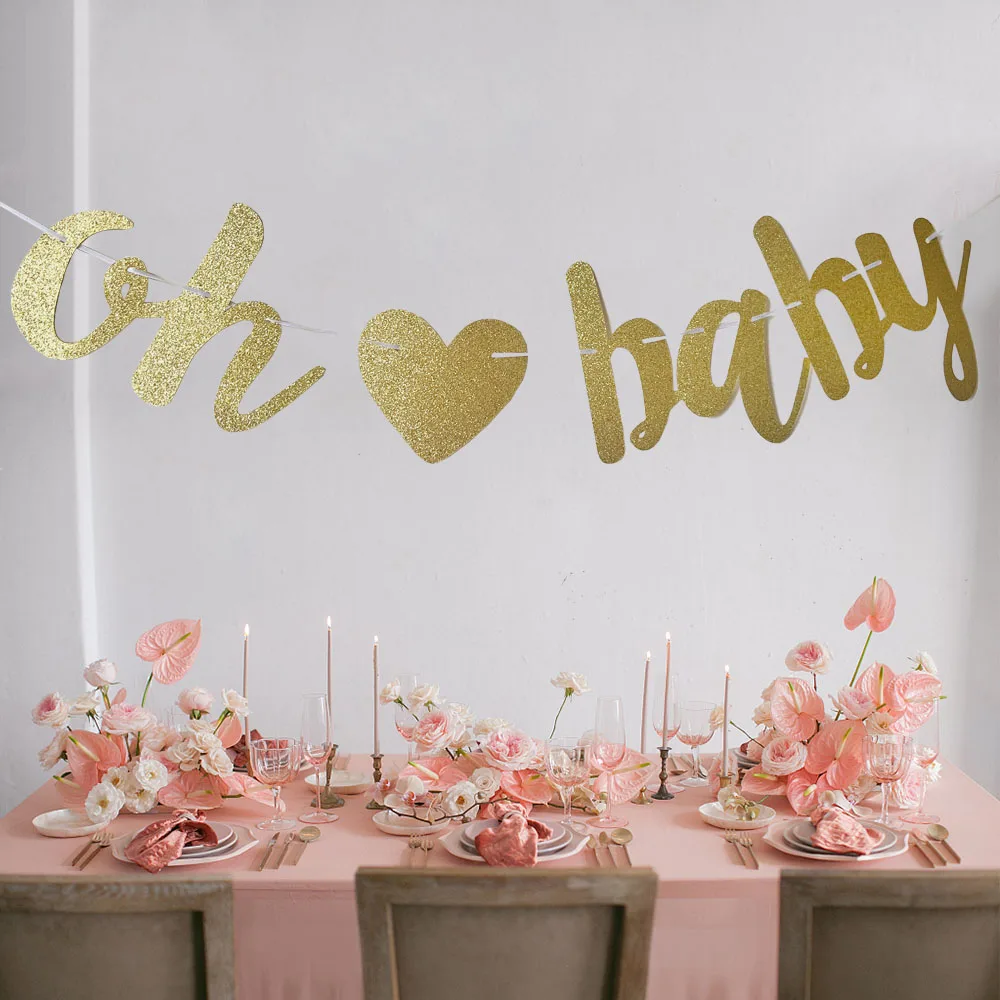 Oh Baby Gold Glitter Baby Shower Banner Sign with Heart for baby shower pregnancy announcement gender reveal party decorations