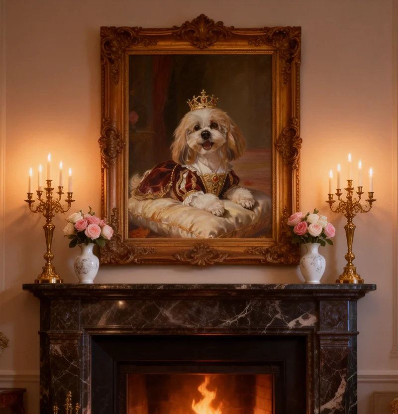 A 2D flat frameless decorative painting of a dog wearing a crown, a noble dog, with a court-style design. Suitable for Christmas