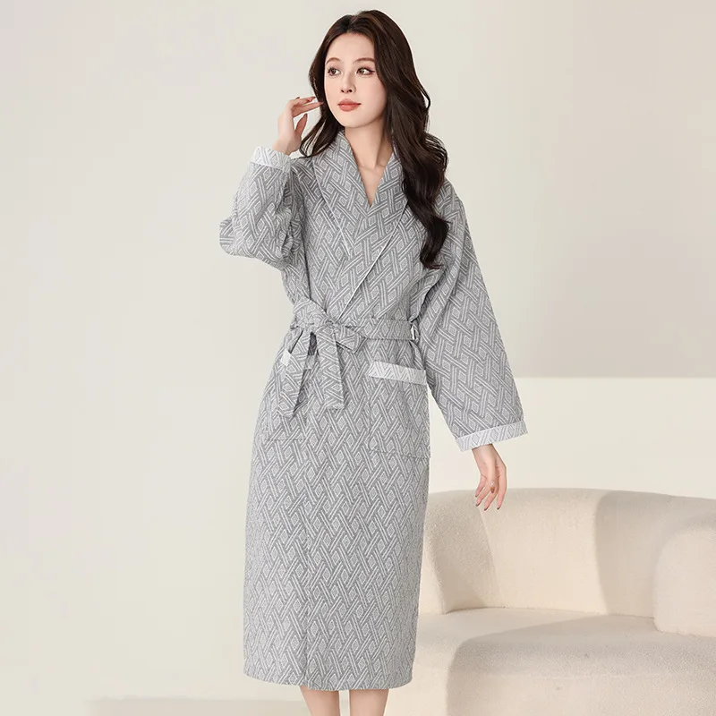 

Female Bath Robe Pure Cotton Double Layer Gauze Kimono Bathrobe Long Dressing Gown Loose Women Sleepwear Lounge Nightgown