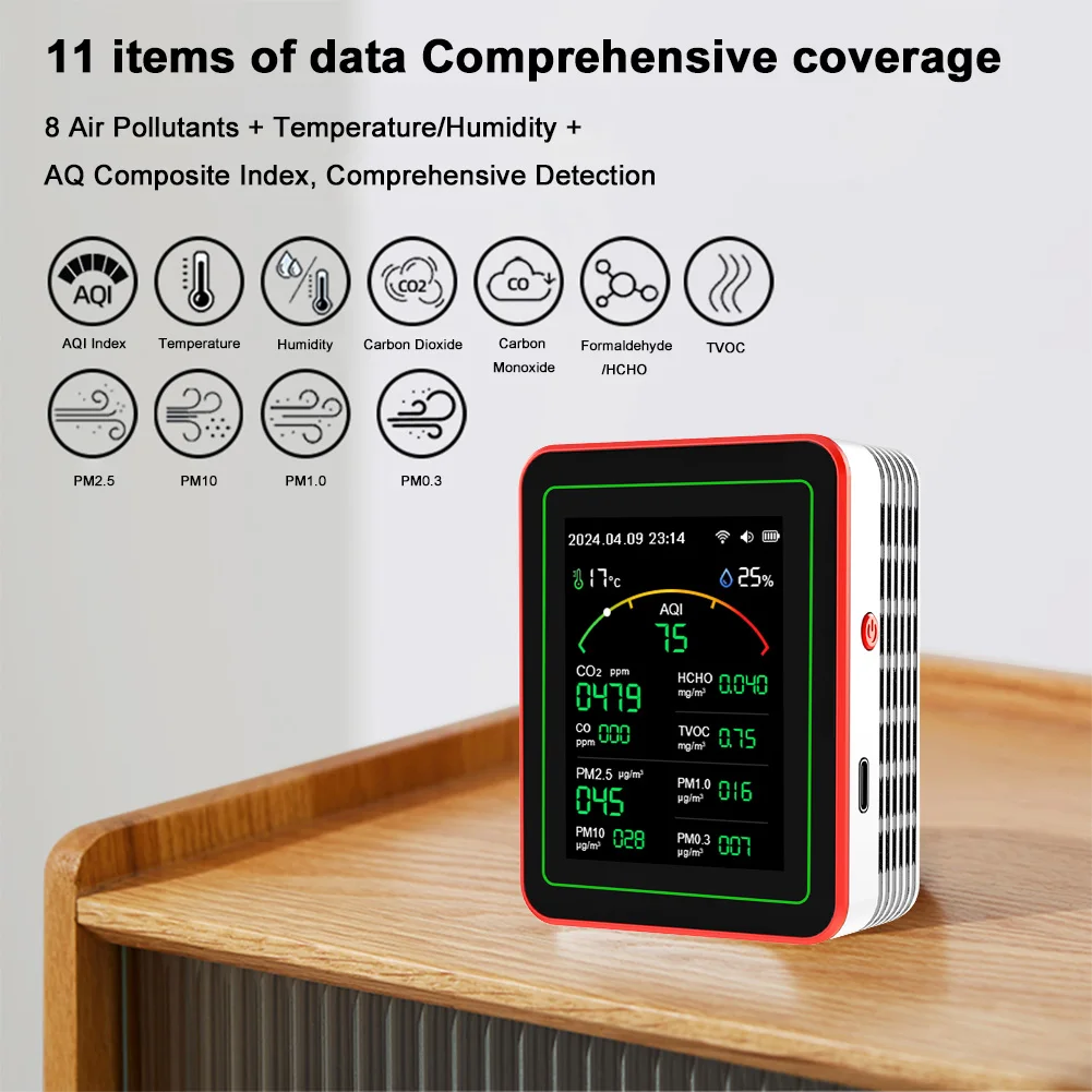WiFi 15 in 1 Monitor della qualità dell'aria interna Display TFT CO CO2 TVOC HCHO Tester APP Controllo Orologio multifunzionale