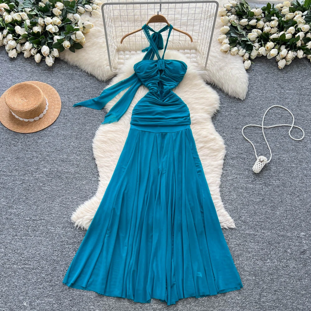 Chic vintage Impiombato scava fuori halter Elegante fata moda coreana Boho Vestito estivo abbigliamento donna Abito lungo