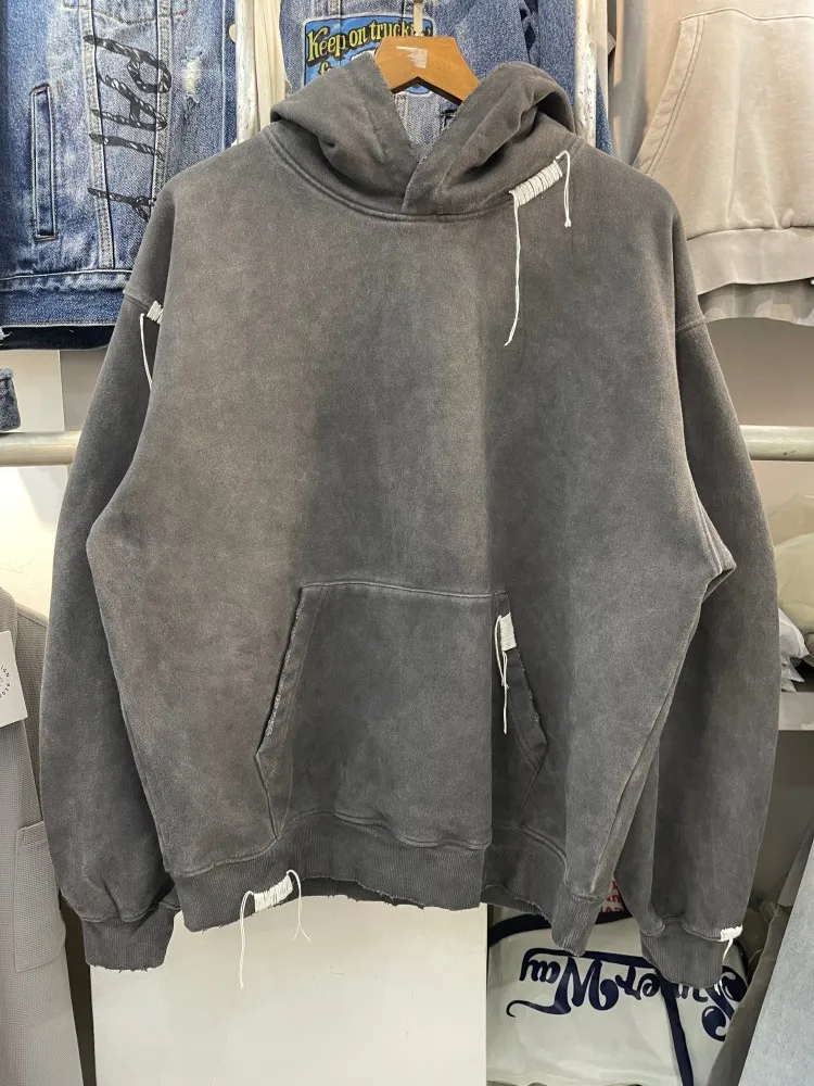 

American Sle Creative Stitching Design Pure Color Vintage Fce Hoodie ex Loose Overhead Jaet for Autumn And Winter