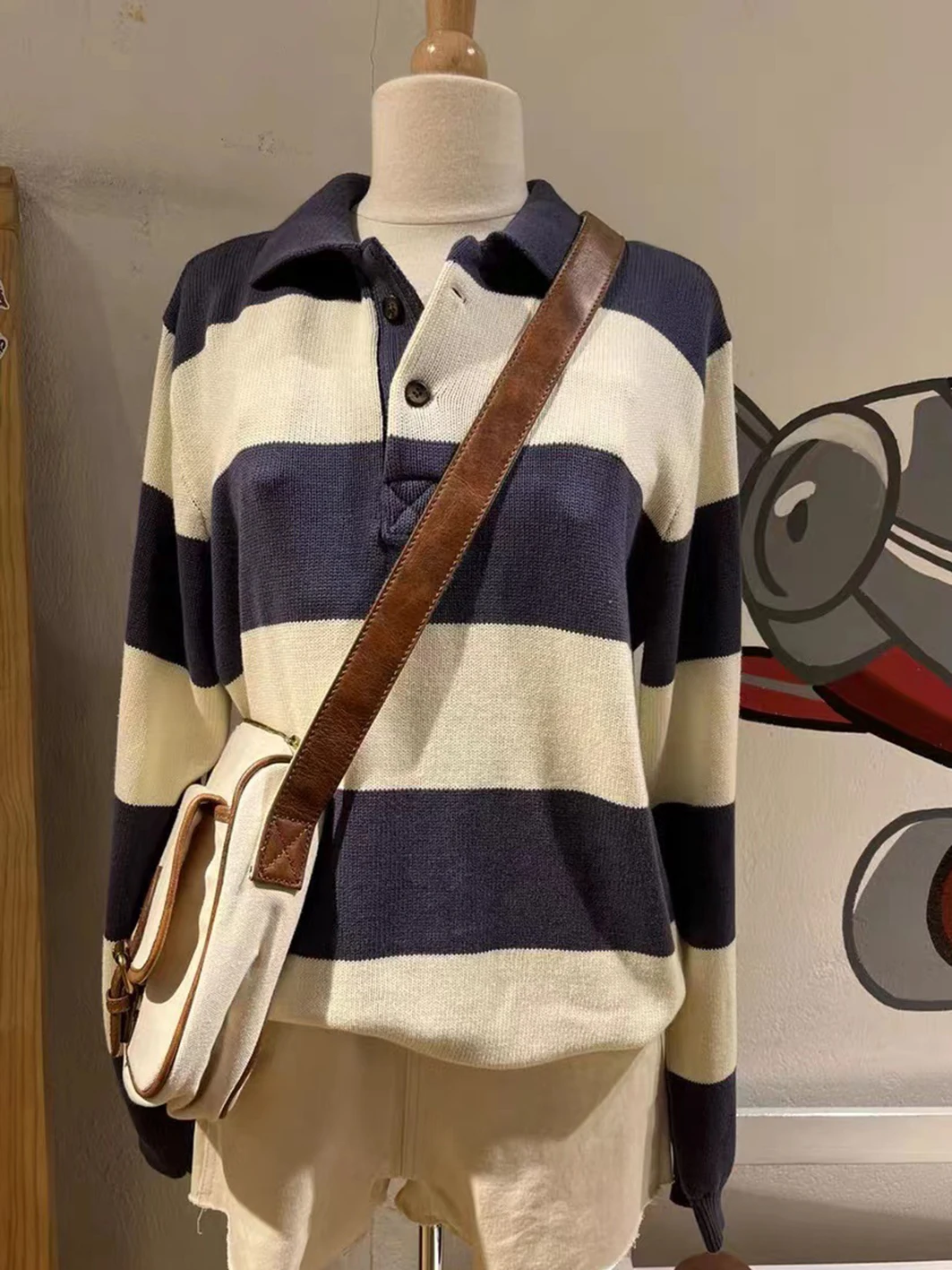 Vintage Stripes Sweet Sweater Woman Autumn Buttons Lapel Long Sleeve Pullover Preppy Style Casual Streetwear Jumper Sweaters Top
