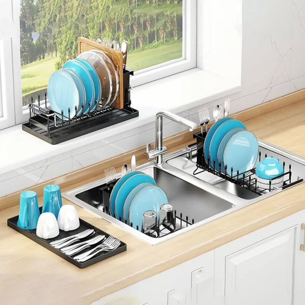 

Extendable Bottom Tray Counter Dish Drying Rack Black with Chopstick Box Tableware Storage Rack Space-Saving Dish Drainboard