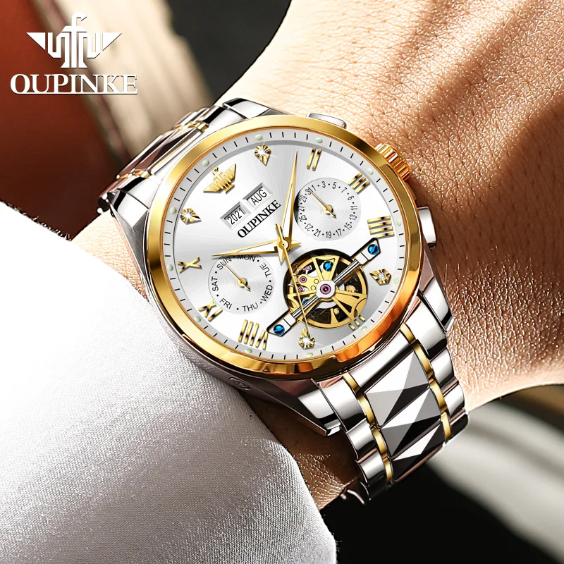 OUPINKE Original Automatic Mechanical Watch for Men Flywheel Design Tungsten steel Sapphire Mirror Luxury Brand Man Wristwatch