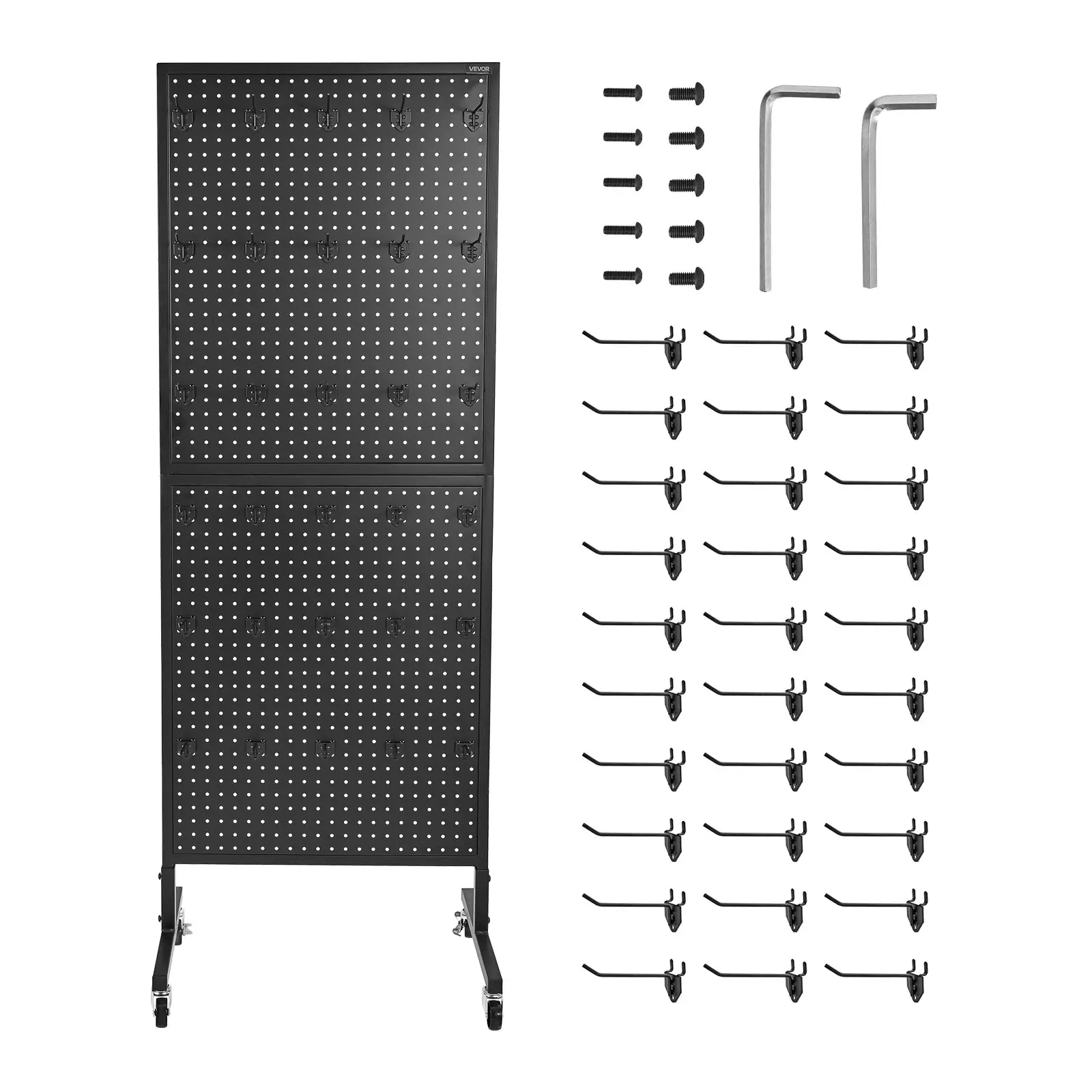 Espositore da terra SucceBuy con pannello forato 23,6 x 63 pollici con ruote girevoli e 30 ganci, pannello forato in acciaio laminato a freddo ispessito, nero