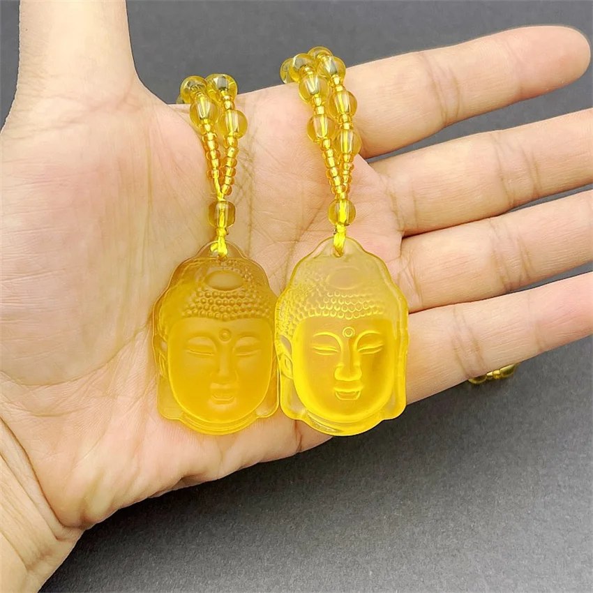 High Quality Unique Natural Yellow Quartz Carved Buddha Lucky Amulet Pendant Necklace Frosted Buddha head Amitabha Pendant