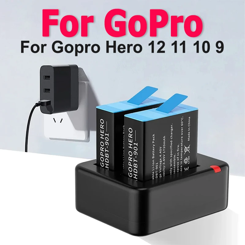 for Gopro Hero 12 11 10 9 Black Smart Dual Port Slot Dual Battery Charger with Usb Cable Action for Go Pro Camera Accessories