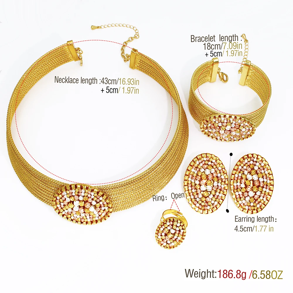 GZJPEI 4Pcs Tri Color Round Beads Jewelry Set Dubai Nigerian Wide Choker Necklace Bracelet Oval Earring Luxury Statement Jewelry