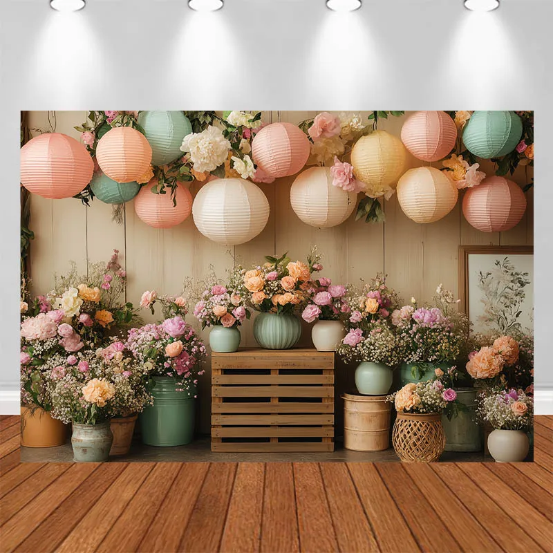 

LS Photography Background Bohemian Style Lanterns Fresh Flowers Wooden Box Decor Adult Portrait Photo Backdrop Studio