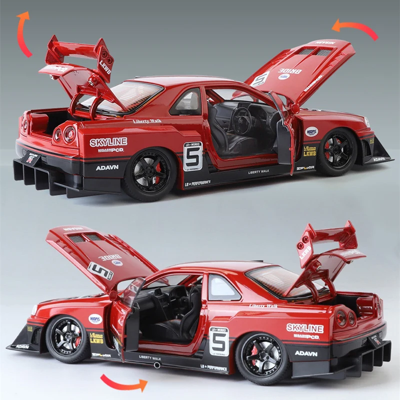 1:24 Nissan Skyline Ares GTR R34 Modified Wide Body Alloy Sports Car Model Diecast Raing Car Model Sound and Light Kids Toy Gift