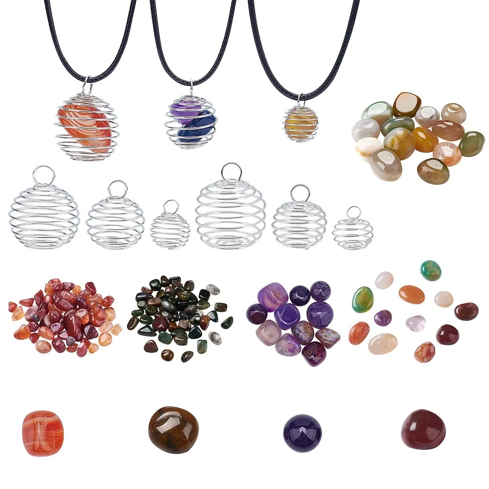 

1box Agate Cage Necklace Making Kit Including 12pcs Iron Wire Pendants Agate Beads 12pcs Cord Necklace