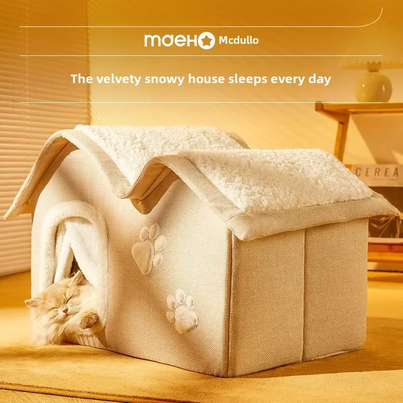 

Winter-Ready Flannelette Cat House Soft Warm Pet Nest Thickened Closed Design Removable Washable for Year-Round Comfort