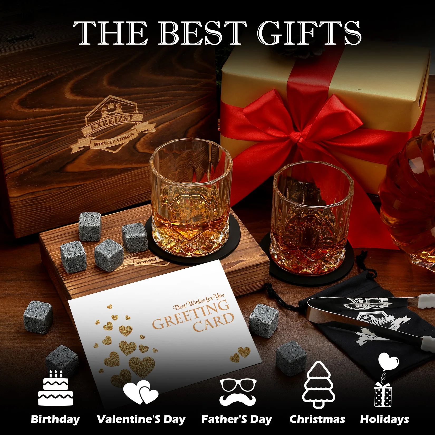 Juego de piedras y vasos de Whisky, cubo de hielo de granito para Whisky, rocas enfriadoras de Whisky en caja de madera, el mejor regalo para papá,