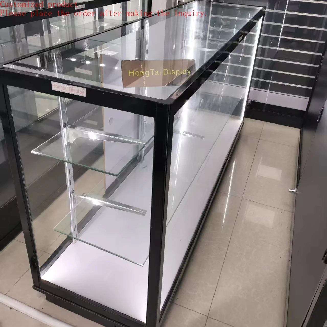 

Custom.Hot Sale Showcase Factory Wholesale Supply Smoke Shop Display Shop Fitting Black Aluminum Frame Store Fixture Counter