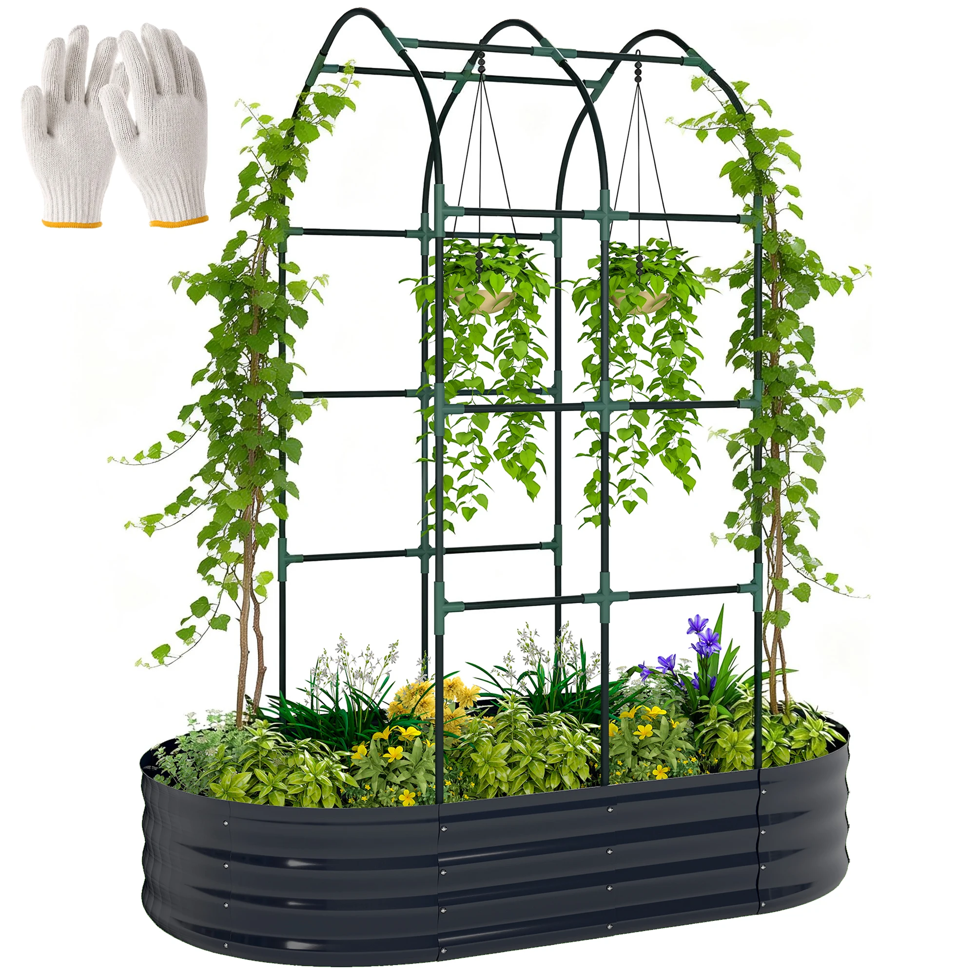 5 X 3 X 6ft Galvanized Raised Garden Bed with Arched Trellis, Dark Gray