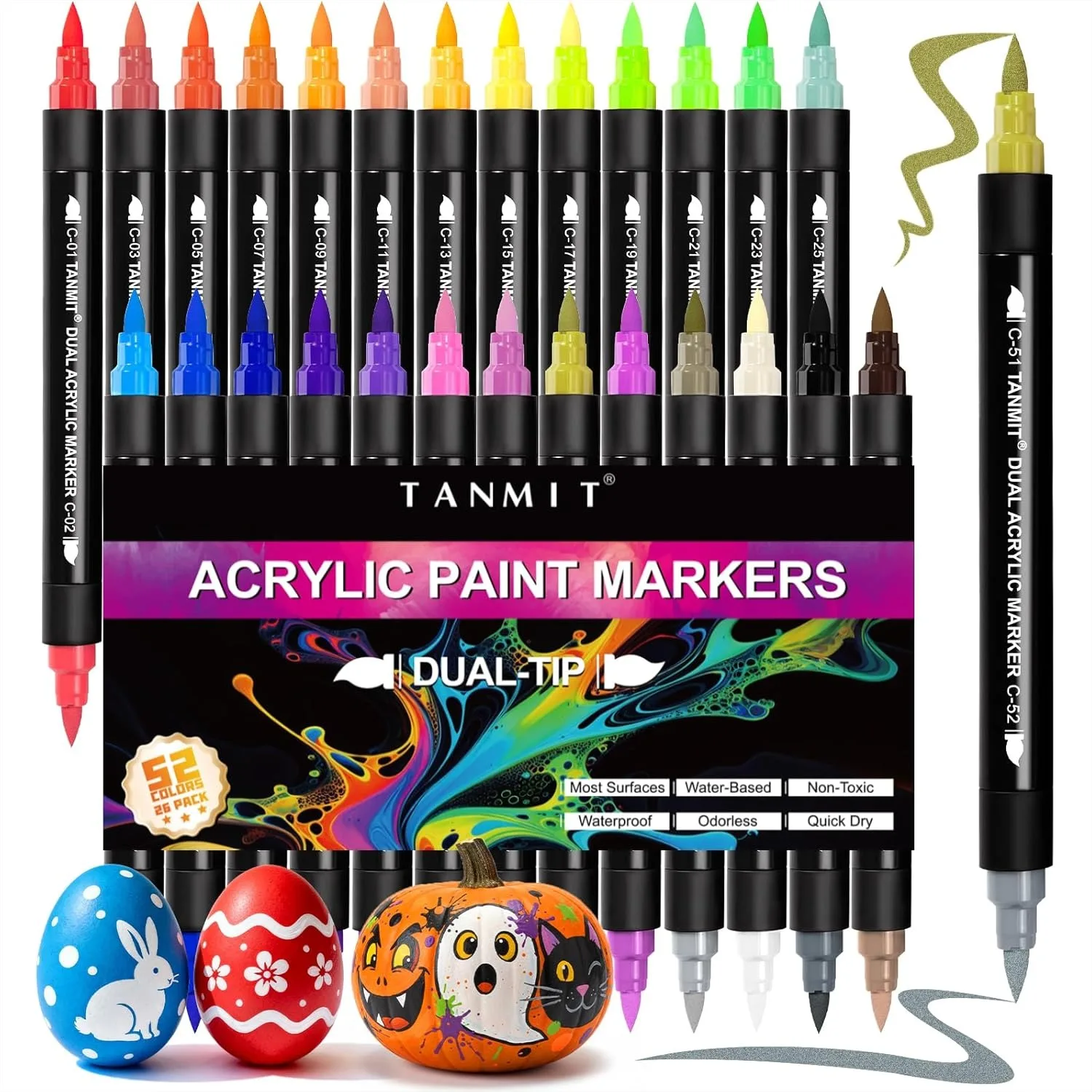 

56 Colors Acrylic Paint Markers, 26 Pack Dual-Color Pens for Rock Painting, Wood, Canvas, Stone, Glass, Ceramic Surfaces, DIY