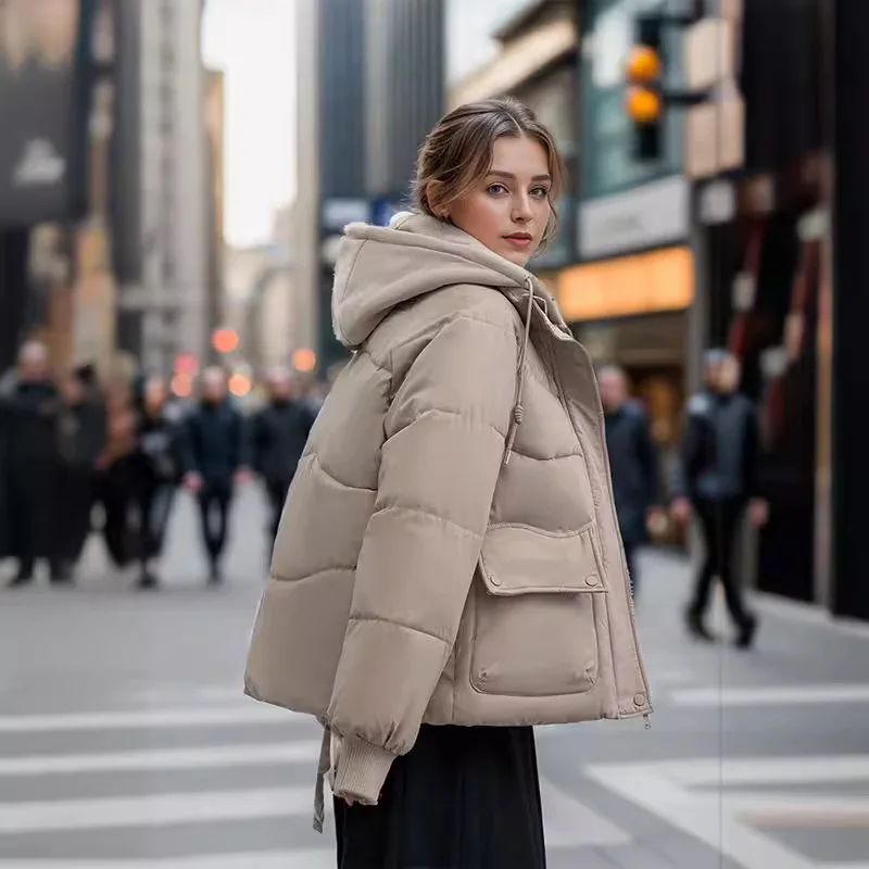 Katoenen gewatteerde damesjas Korte losse capuchon Koreaanse stijl Warm broodpak Westerse mode Katoenen gewatteerde jas
