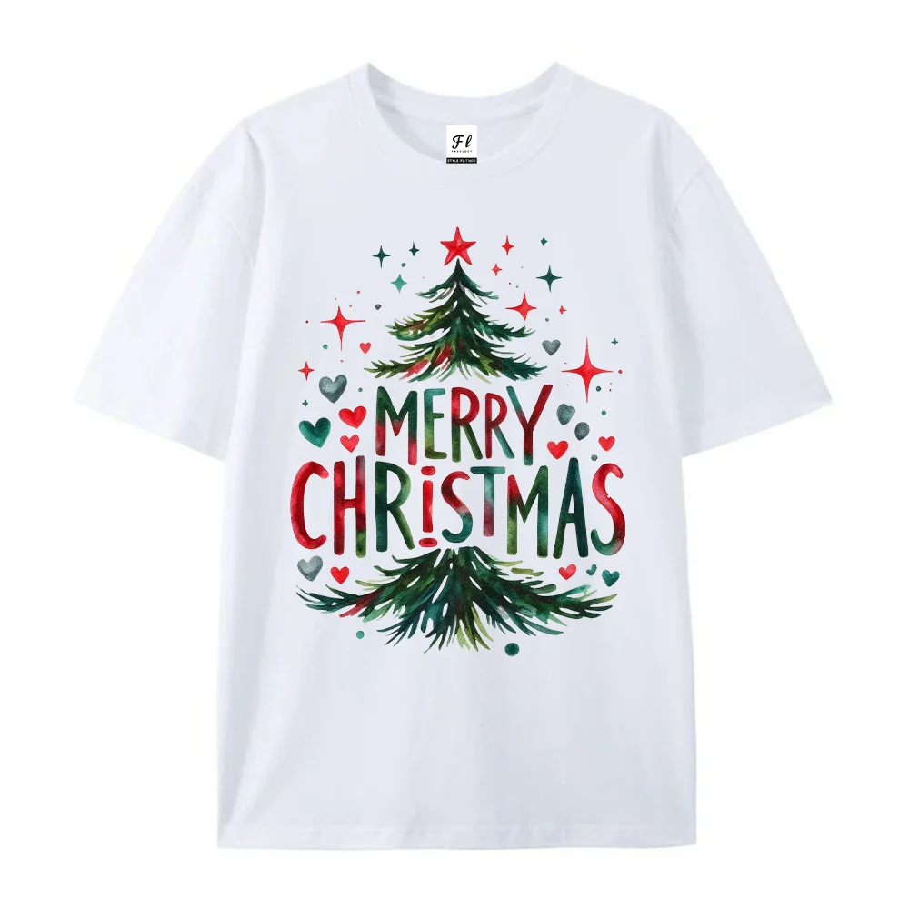Women T Shirt Merry Christmas Tree Print Short Sleeve Cotton Summer Casual Loose Oversized Female Tops Clothes