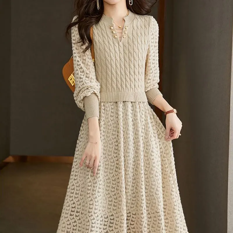 Fake Two Pieces Knitted Patchwork Midi Dress Female Clothing A-Line Waist Spring Autumn Commute Stylish Lace Hollow Out Dresses