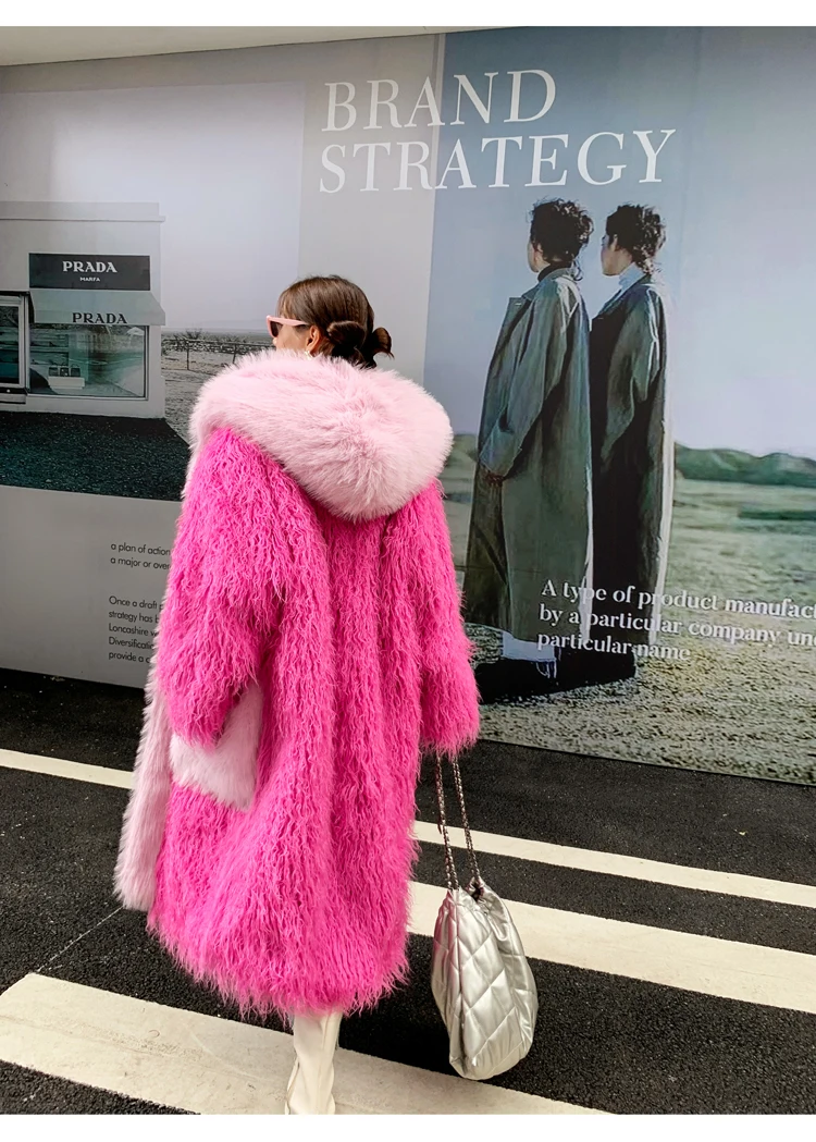 Lady Pink Faux Fur Coat Contrast Color Loose Hooded Long Jacket Female Streetwear Women\'s Winter Coats Performance Costume