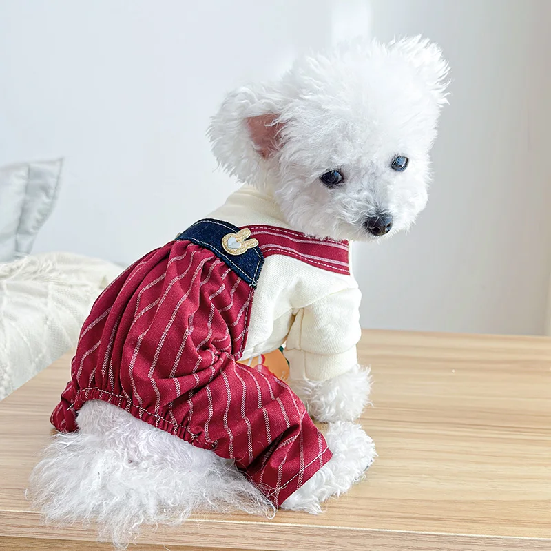 1PC Pet Apparel Dog Spring and Autumn Wine Red Striped Four legged Pants Rabbit High Waist Strap Pants For Small Medium Dogs