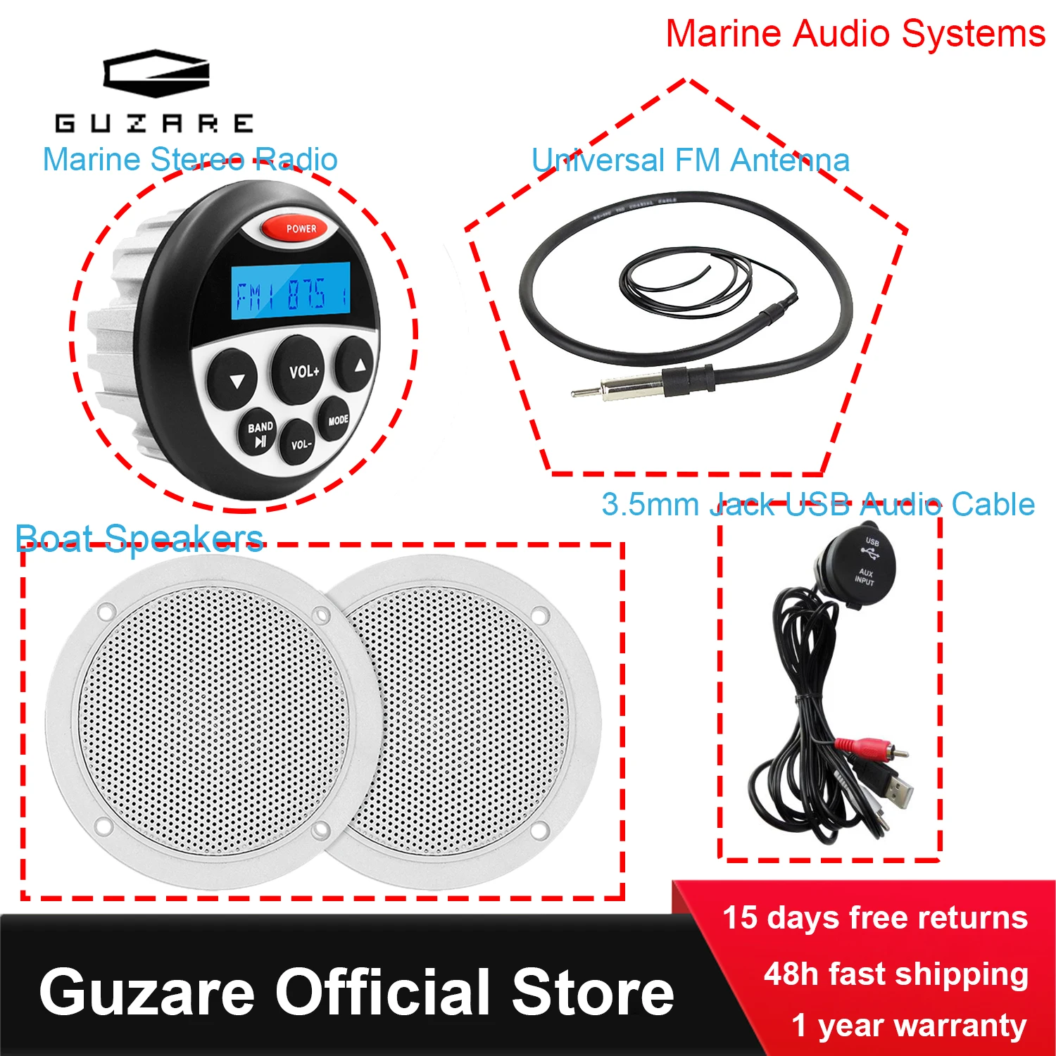 GUZARE Marine Stereo Radio Receiver/Waterproof Boat Speakers/USB Audio Cable/Universal FM Antenna for Jet Ski, RV, UTV, ATV