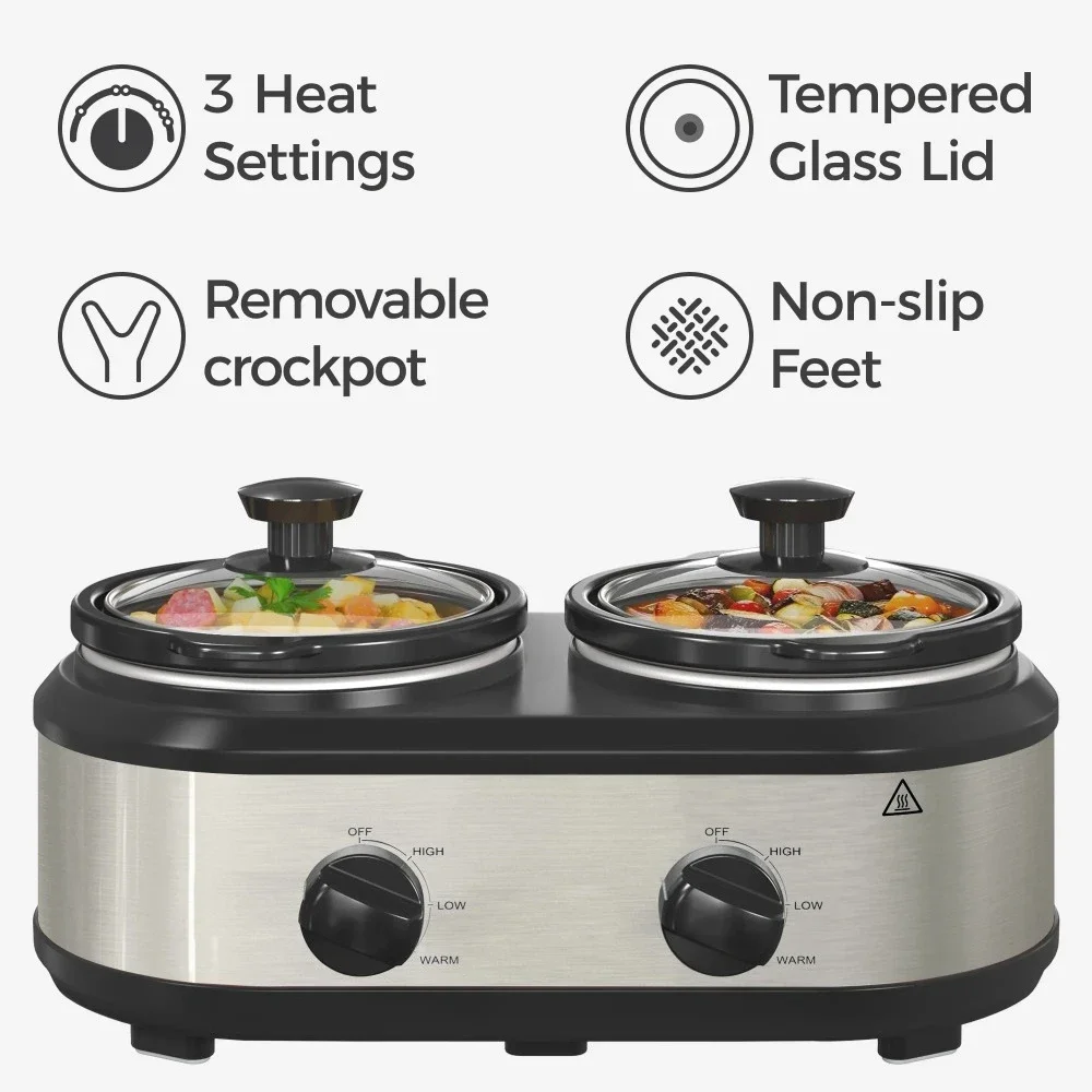 

Small Double Slow Cooker, 2 Pot 1.25 Quart Oval Crock Food Warmer Buffet Server, Stainless Steel