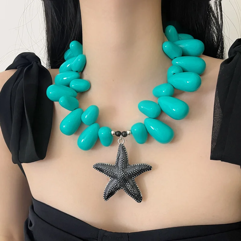 

Luxury Retro Starfish Titanium Steel Necklace European American Fashion Personality Drop Bead Jewelry