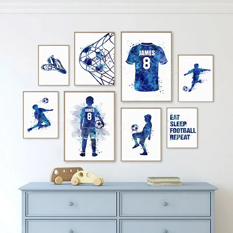 (2D canvas painting)  Soccer Player Watercolor Art Posters And Prints Jersey Custom Name Kids Football Canvas Painting Wall P