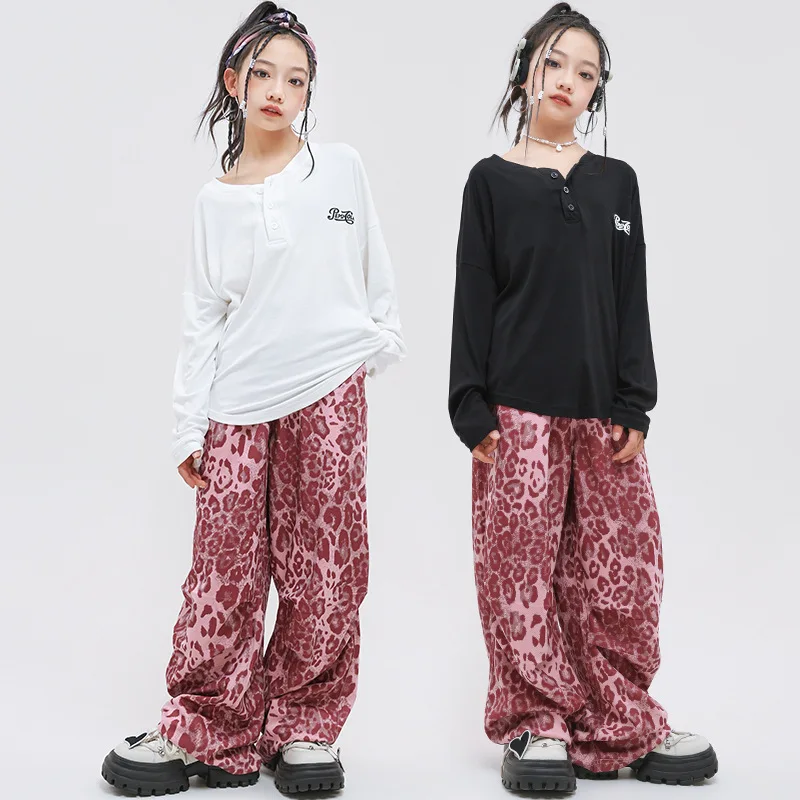 Kind Hip Hop Kleidung Geraffte Crop Top Langarm T-shirt Rosa Leopard Print Casual Hosen für Mädchen Jazz Dance Kostüme Kleidung