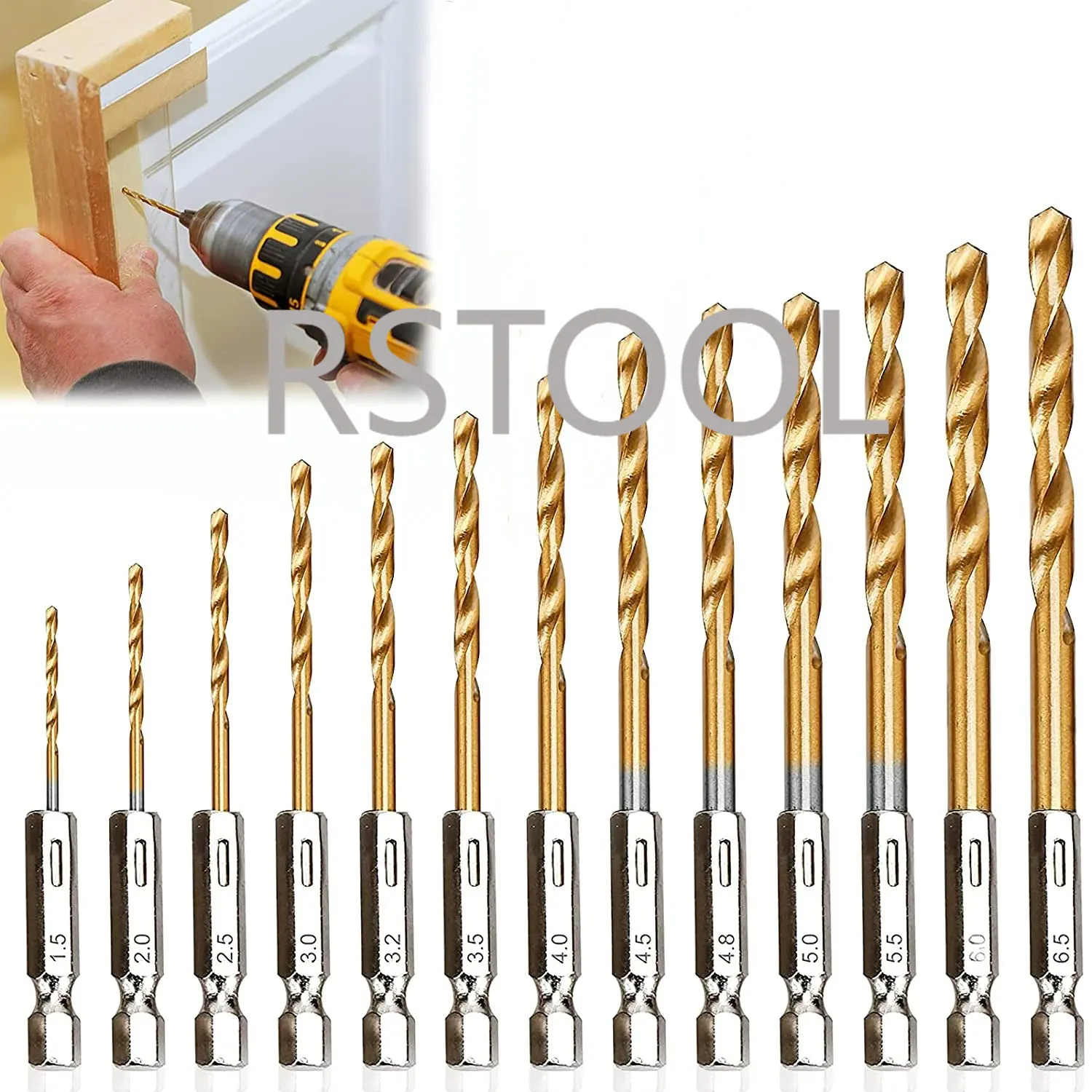 13pcs HSS Titanium Hex Shank Twist Drill Bit Set Impact Drill Bits for Wood Steel Metal Plastic Quick Change Design (1/16