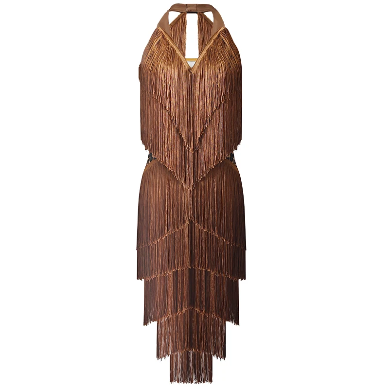Women Backless Fringe Sexy Brown Dress Cha Cha Rumba Samba Tango Dance Costume Prom Wear Latin Dance Copetition Dress view 6