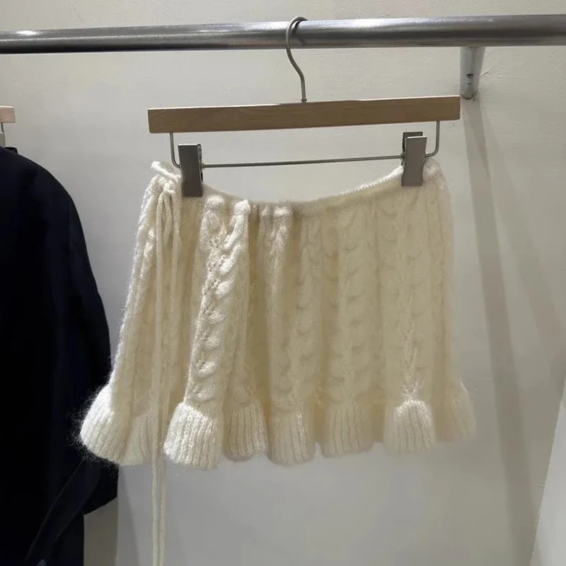 Ruffled Casual Knit Mini Skirt Women High Waist Lace Up Vintage Hottie Skirts Korean Loose A Line Sweet Solid Simple New Skirt