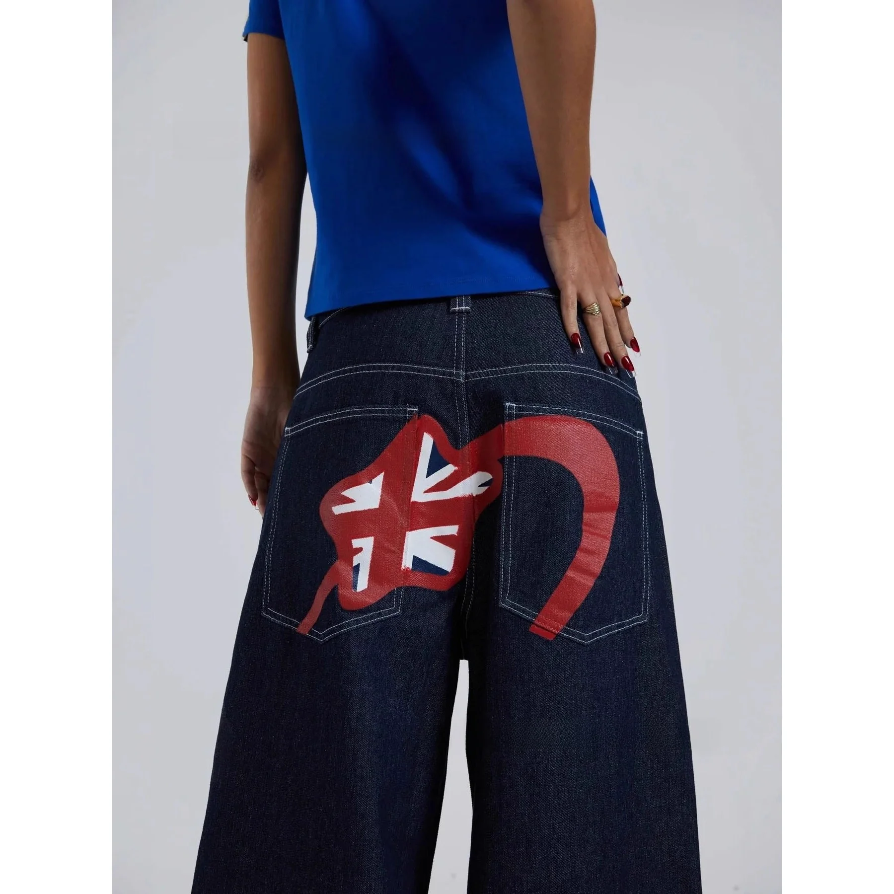 

Retro Print Loose Women's Jeans Y2K Straight Leg Denim Trousers Cross-Border Fashion Natural Waist Cotton Fabric